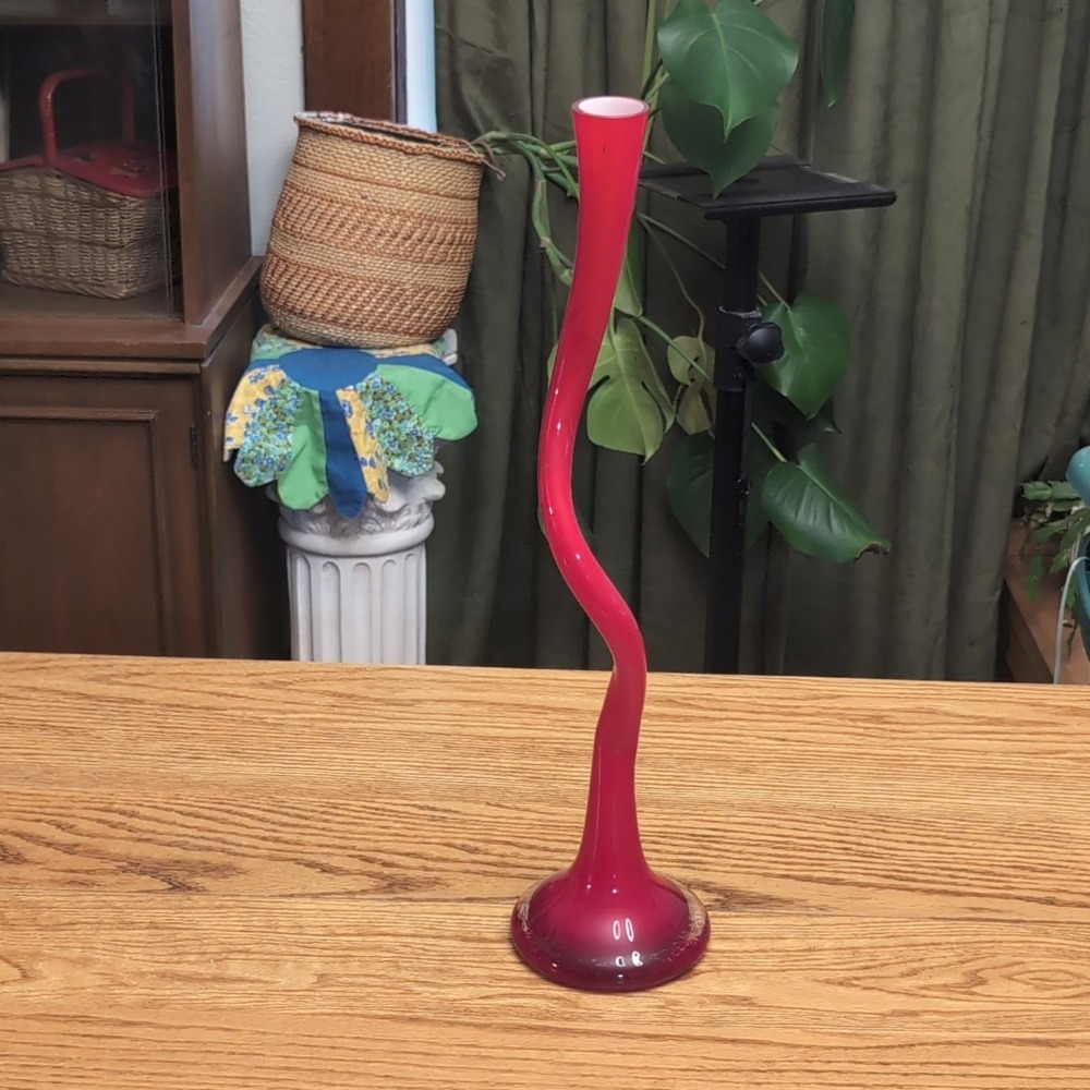 Red Swung Vase‎ 20" Tall Mid-Century Modern Wavy Glass